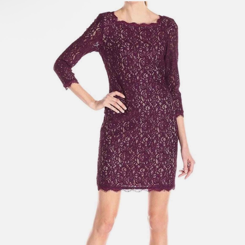 Adrianna Papell Mulberry/Nude Deep Purple Lace Long Sleeve Dress Size 12M‎ NEW